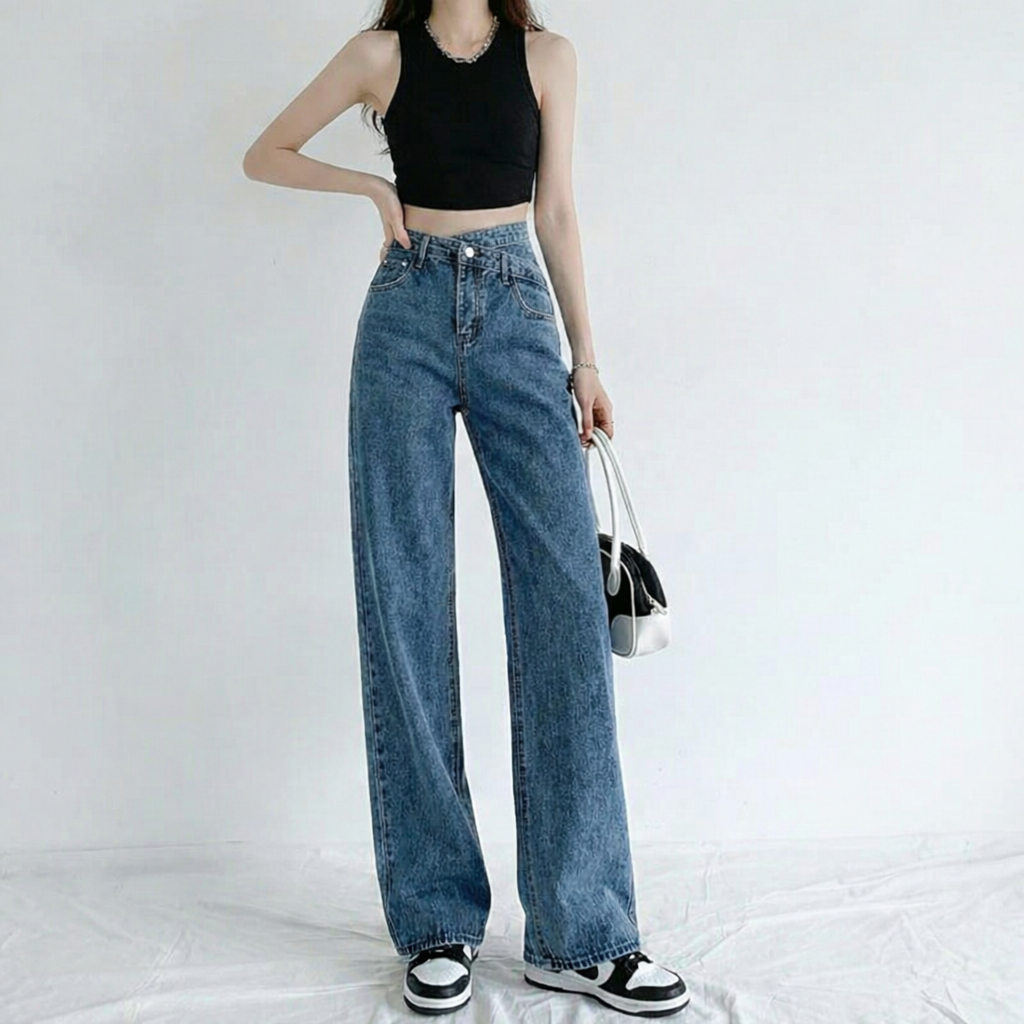 骨格ウェーブ クロスウエスト 着痩せ効果 デニムパンツ